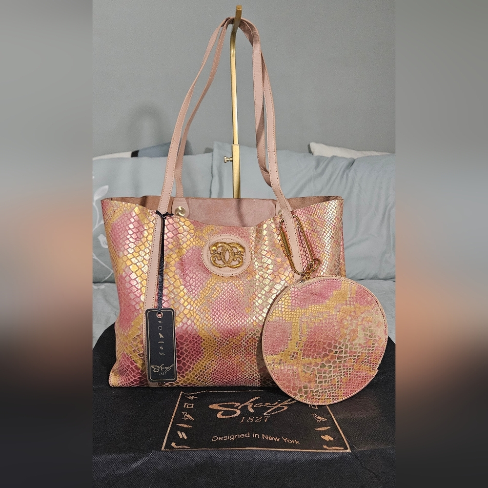 Sharif Pink and Gold Iridescent Tote Bag W/wallet & Dusty - Picture 15 of 16